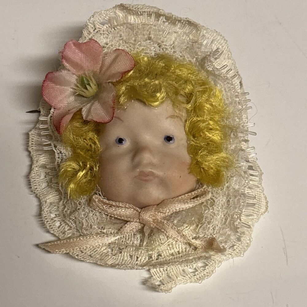 Byron Molds Rare Vintage Brooch Porcelain Doll Face, Blonde Curly Hair Lace 1983